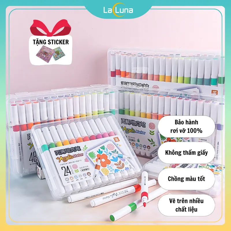 Bút Màu marker Acrylic sơn đánh dấu Lalunavn nhiều mực hơn bộ 12/24/36/48/60m hộp nhựa xách tiện dụng B196 1