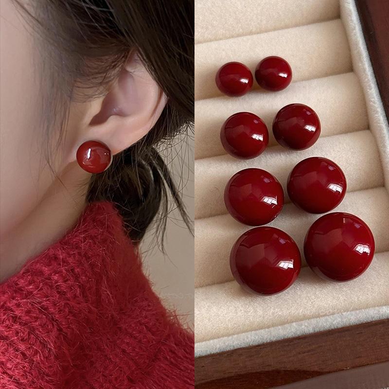 Product Introduction of Ankela Red Steamed Bread Pearl Stud Earrings for Women Light Luxury Minority Simple All-Matching Graceful Bread Bead Beanie Earrings Earrings 31
