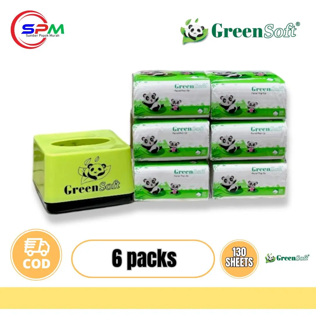 [PAKET 6 PACKS] GreenSoft Pop Up Facial Tissue Mini 130 Sheets Free Dispenser | Tisu Wajah GreenSoft 130 Sheets 2 Ply 2 Lapis Gratis Kotak Tisu