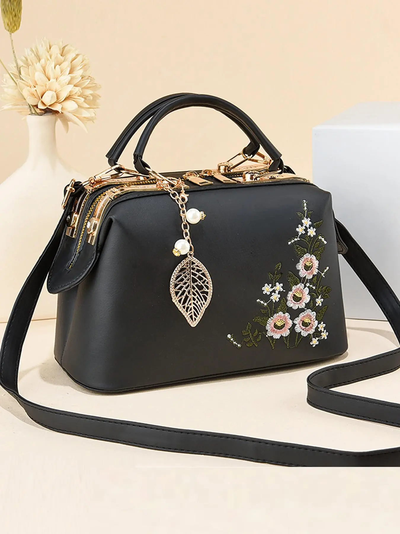 Women's Elegant Flower Embroidered Handbag, Fashionable Crossbody Bag with Faux Pearl & Leaf Charm for Party, Trendy All-match Commuter Bag for Daily Used