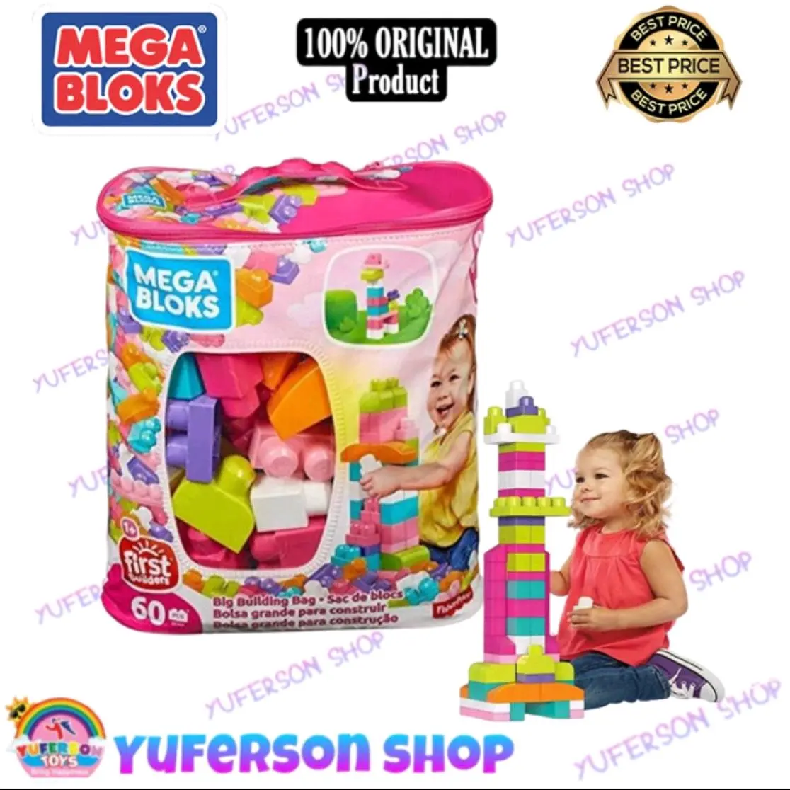 Fisher Price MEGA BLOKS Big Building Bag Building Block Pink / Blue Mainan Edukasi Balok Pendidikan