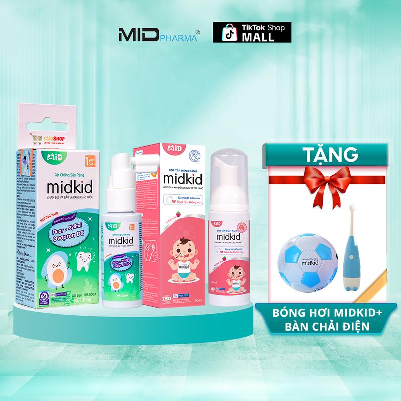 ( Midkid x Meminhmin ) Combo 1 hộp xịt chống sâu răng Midkid + 1 bọt tập đánh răng Midkid cho bé từ 1 tuổi - Tặng Bóng hơi + Bàn chải điện cho bé