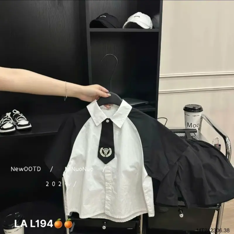 Set áo sơ mi kèm cà vạt bé trai áo sơ mi tay đen phối quần có dây đeo thời thượng, phong cách----MÃ CÀ VẠT 2