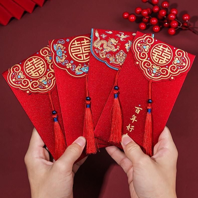 Sét túi 10 chiếc phong bao lì xì tua rua đỏ Thiệp Cưới bê Tráp Tết Ất Tỵ 2025 Bao Lì Xì Đám Cưới