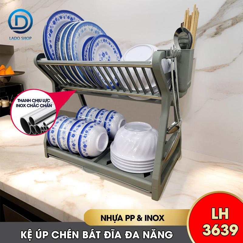Kệ để chén bát 2 tầng có ống đựng muỗng đũa và móc treo đồ, móc để ly tiện lợi LH-3639 nhựa PP cao cấp