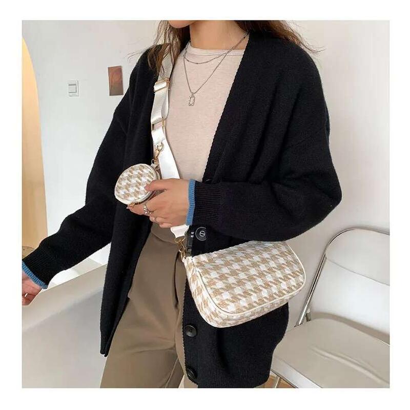 Product Introduction of Female Vintage Plaid Printing Shoulder with Mini Round Purse Pendant Women Casual Small Crossbody Bags 2pcs Composite 14