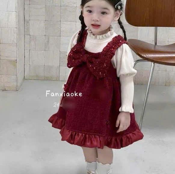 Set chi tiết Váy babydoll dạ tweed đính nơ + Áo len giữ nhiệt tay bèo cho bé gái siêu đáng yêu
