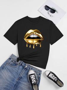 ImprinTee Women's Lips Print Round Neck Tee, Trendy Casual Short Sleeve T-shirt for Daily Wear, Ladies Summer Outfit
