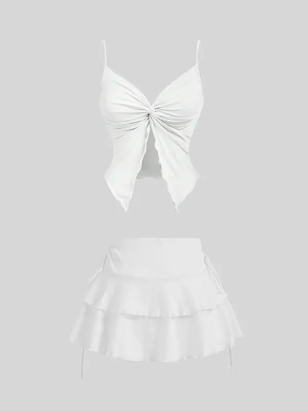 Women's Solid Color Crop Cami Top & Skirt Two-Piece Set, Chic Fashion Casual Butterfly Sleeve Top & Skirt for Daily Outdoor Wear, Ladies for Summer, Lingerie 6