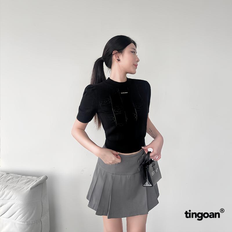 TINGOAN - Áo len siêu mỏng đen có logo TINGOAN ngắn tay cổ tròn vân hoa FLOWER TOP/BL phiên bản mới nhất T9.2024