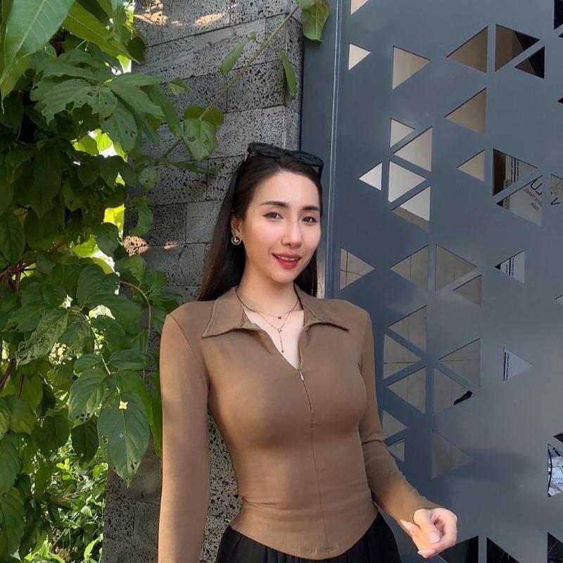 A049- Áo nữ kiểu sang chảnh, cổ bẻ, phối khoá kéo, vạt bầu, thun cotton mềm ôm sát rạt người, tay dài