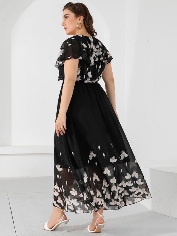 Plus Floral Print Ruffle Hem Flounce Sleeve Chiffon Long Dress, Summer Clothes Women, Casual V Neck Short Sleeve A Line Dress for Summer, Women's Clothes, Plus Size Women's Dresses 1