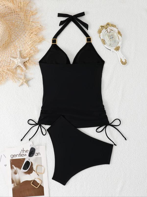 Women's Solid Color Tankini Set, Removable Padded Swim Top & High Waist Swim Bottom, Ladies Swimsuit for Beach Holiday Vacation 1
