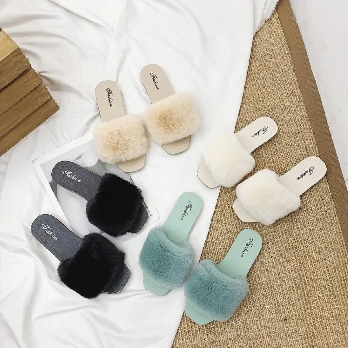 DÉP LÔNG QUAI NGANG ĐẾ THẤP 4 MÀU Nữ DéP Có Quai Women Dép Lê Shoes GiàY