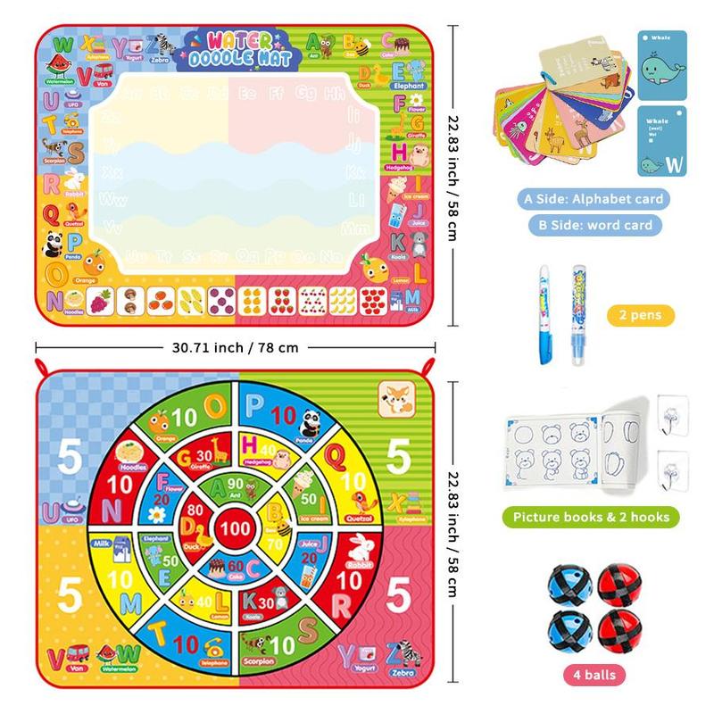 2 in 1 Water Doodle Mat, 1 Set Large Water Painting Doodle Drawing Mat, Throwing Ball Toy Design on the Back, Suitable for Parent Interaction 1