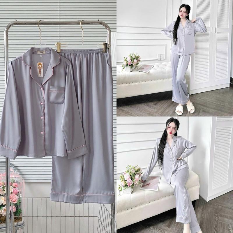 ĐỒ BỘ PIJAMA, Tay Dài Trơn, ĐỒ MẶC NHÀ, ĐỒ NGỦ NỮ. Đồ Bộ Trơn, Viền Màu, Có Túi Áo. QUẦN DÀI CÓ TÚI. VẢI LỤA LATIN CAO CẤP, MÀU TRƠN. Women Voi Kem do bolatin Nho 4