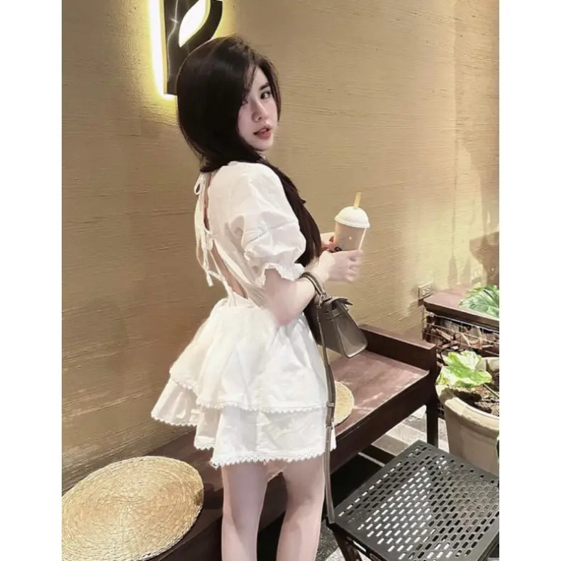 Set Áo Croptop & Chân váy xoè 2 tầng váy trắng tiểu thư đan dây lưng 🔥chất sơ mi thô🔥 Tay Bồng Viền Ren Phối Nơ dạo phố