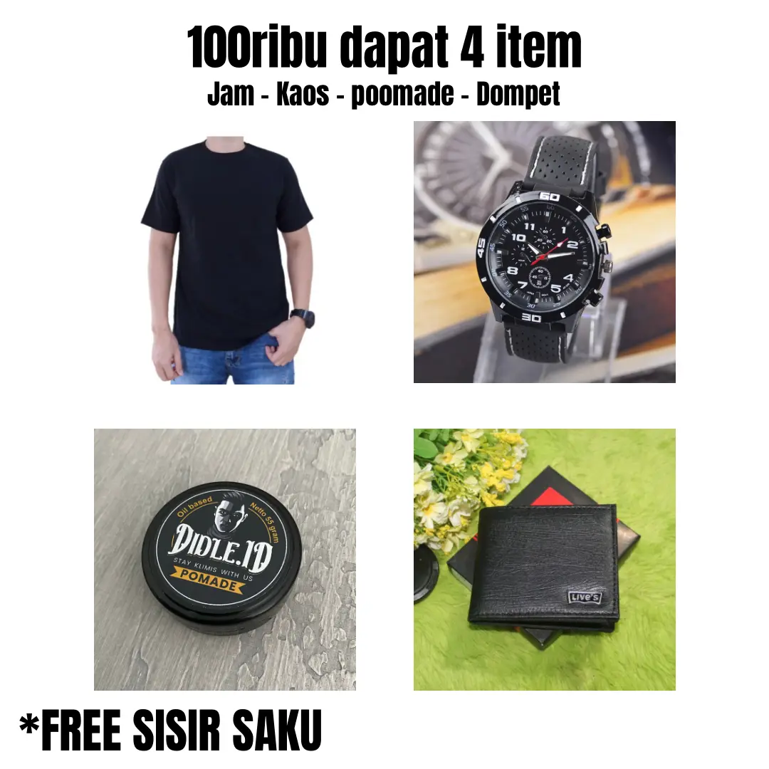 Paket fashion cowok ( kaos, jam, dompet, poomade )