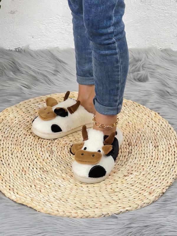 Women's Cute Cow Design Plush Slippers, Warm Bedroom Slippers for Winter, Silent Anti-slip Slippers for Daily Used 5