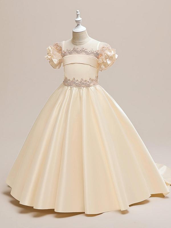 Girl's Solid Satin Formal Dress, Elegant Short Sleeve Round Neck Dress for Party Wedding Guest, Kids Clothes for All Seasons 2