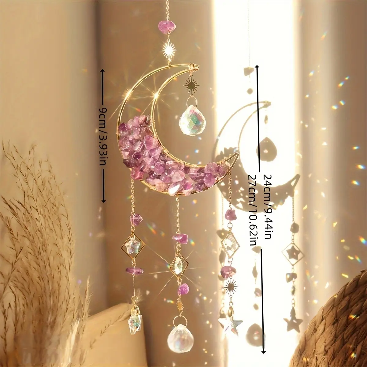 1set Amethyst Ramadan Moon Crystal Prisms Suncatcher, Half Moon Shaped Window Hanging Pendant Glass Prisms Decor Wind Chime Rainbow Sun Catcher For Home Garden Porch