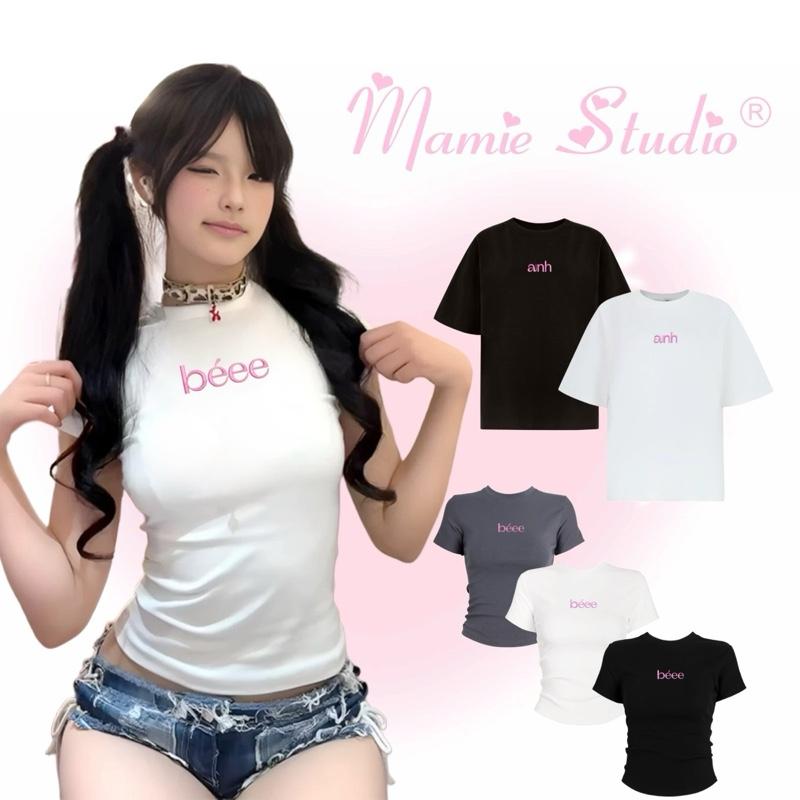 MaMie studio - Áo thun cặp thêu chữ BÉEE cho nam nữ form rộng chất cotton mỏng nhẹ.