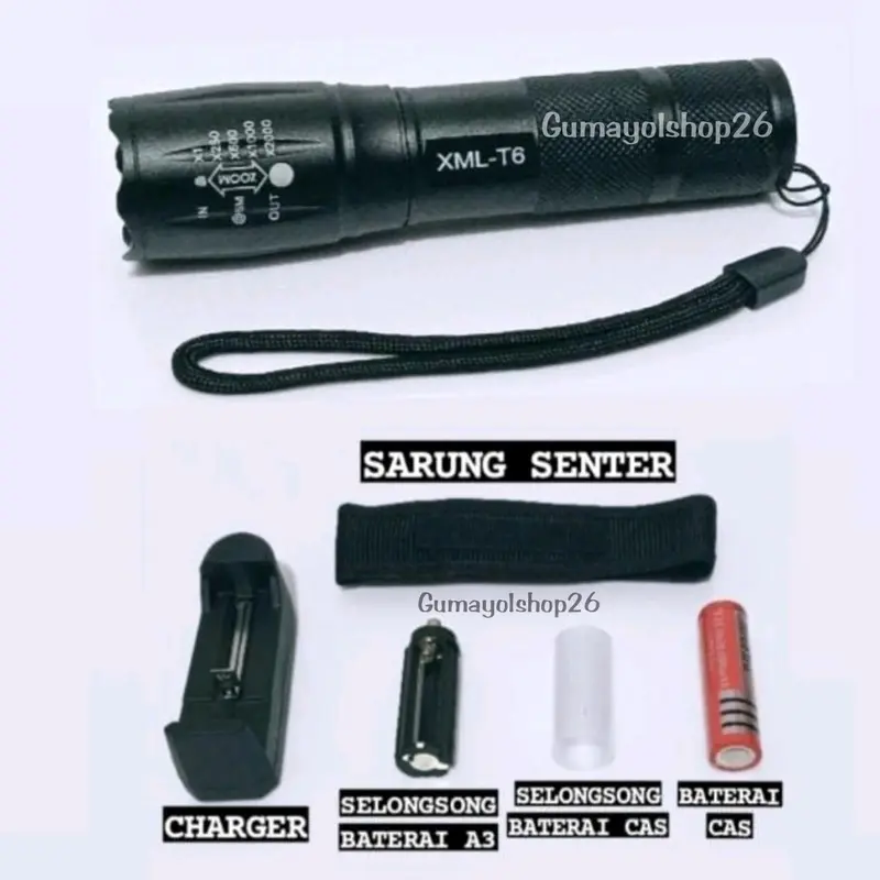 Promo Senter LED Fullset 8000Lumens XML-T6 Super Terang / Senter Camping / Senter Cas Jarak Jauh Wajib Punya Baterai Charger 5
