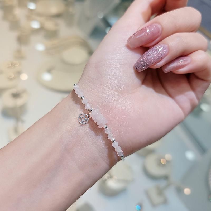 QMJ STORE - Q132 VÒNG TAY HỒNG PHÁT ĐỒNG ĐIẾU mix charm bạc 925 CAO CẤP đá thạch anh hồng tự nhiên nhỏ xinh, ống, bi và khoá bạc 925