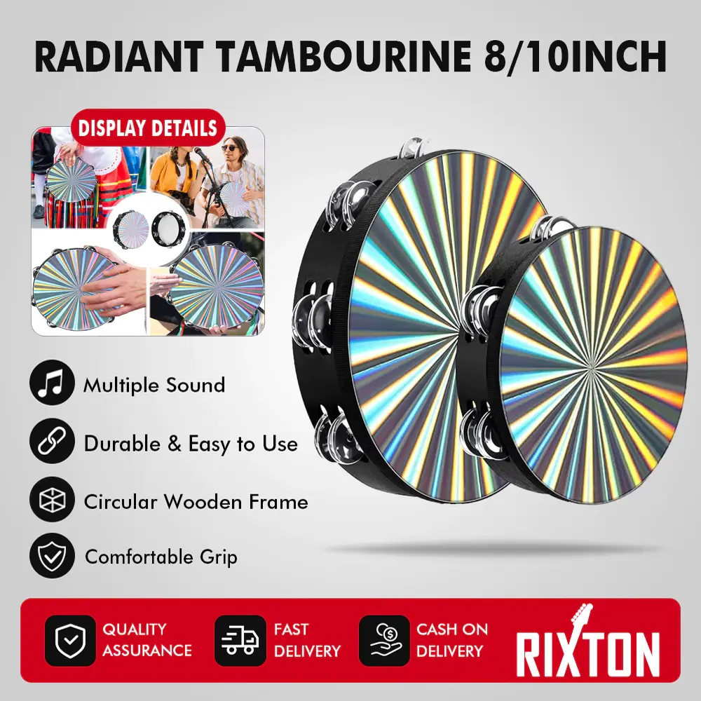 RIXXTON 8/10 Inch Wooden Radiant Tambourine Hand Drum with Double Row Jingles and Reflective Drum Pad