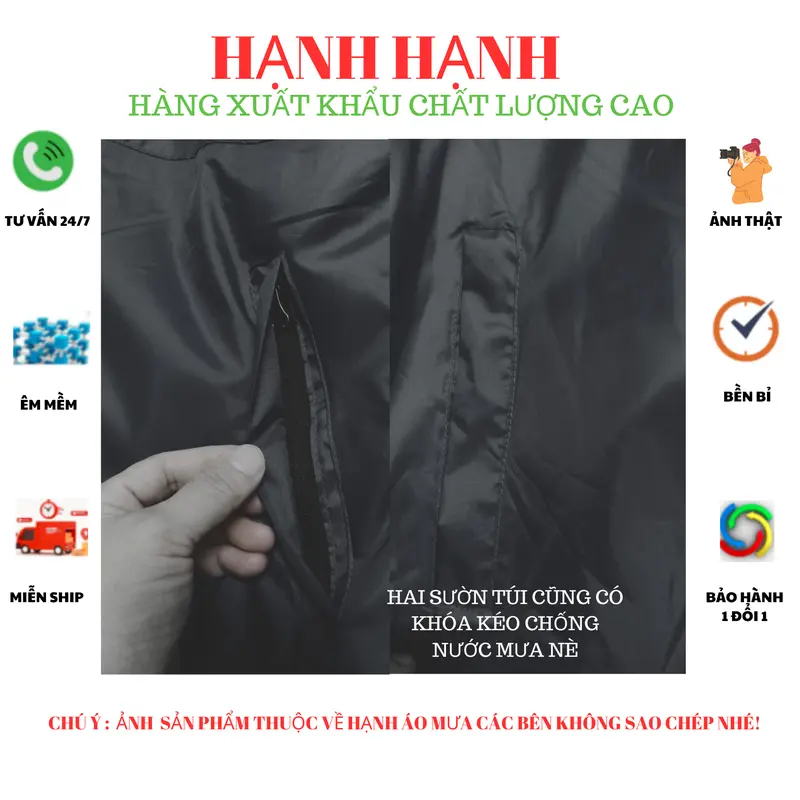1 bộ áo mưa 4 lớp kiêm áo gió dành cho nam nữ, cao cấp có dây rút mũ, 3 túi có khóa, gồm 1áo+1quần,  siêu chống nước dành cho người lớn và cho bé mũ liền thân - ĐEN 1 5