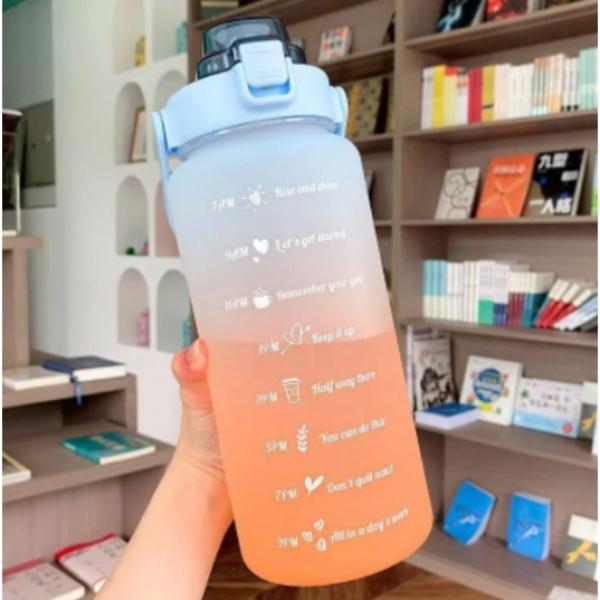 Bình nước 2 lít tặng Sticker dành cho người lười uống nước Fan House bình nước cute 2L có ống hút, vạch chia nhắc giờ 6