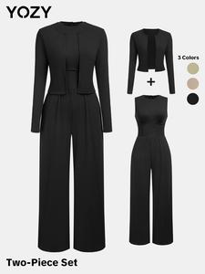 YOZY Women's Solid Long Sleeve Open Front Top & Round Neck Tank Jumpsuit Two-piece Set, Casual Fashion Ribbed Outfits for Daily Outdoor Wear, Fall & Winter Outfits, Womenswear