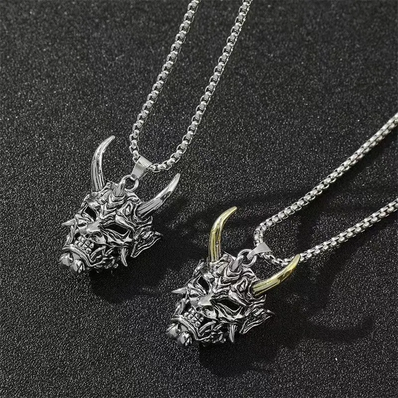 Topeng Prajna Vintage Gelap Kalung Baja Titanium Pria Tanduk Panjang Raja Kalung Stainless Steel 6