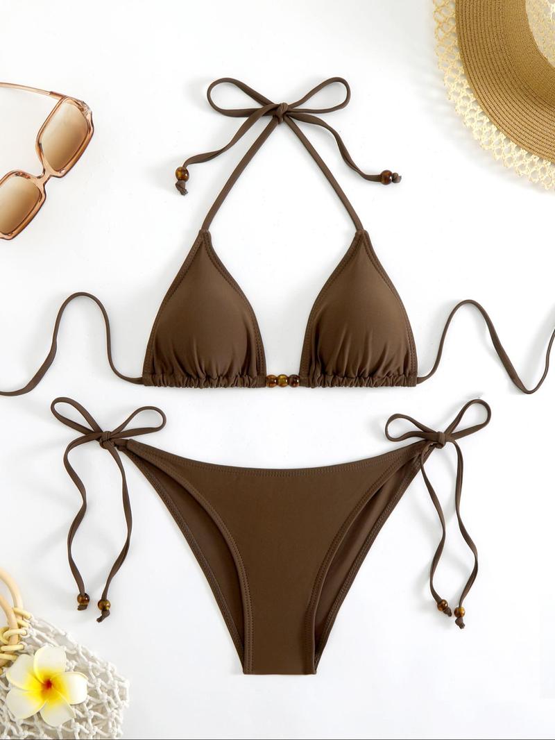 Product Introduction of Two-Piece Set Women's Solid Beaded Tie Back Bikini Set, Boho Fashion Halter Triangle Swim Top & Tie Side Swim Bottom for Beach Holiday Vacation, Ladies Summer Clothes 5