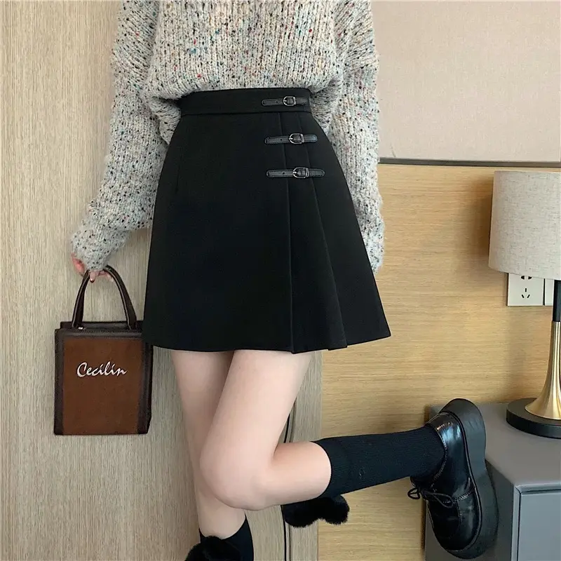 Chân Váy Len, Màu Đen, Dành Cho Nữ, Mùa Thu Và Mùa Đông, Phong Cách Hàn Quốc, Cạp Cao, Chân Váy Xếp Ly, Bó Sát, Chân Váy Bodycon Chữ A Dễ Phối Đồ, Phong Cách 2024 2