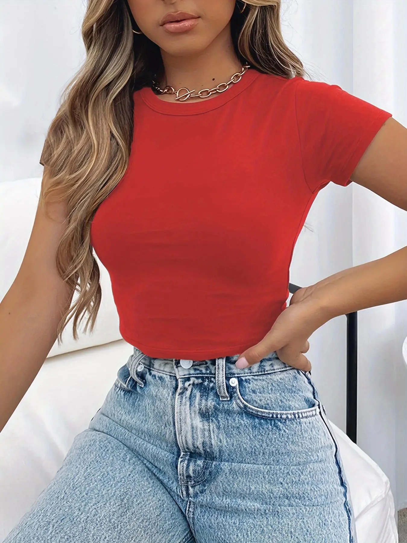Women's Plain Crop Tee, Casual Short Sleeve Round Neck T-shirt for Summer, Ladies Clothes for Daily Wear