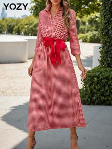 YOZY Women's Plaid Print Button Front Belted Dress, Elegant 3/4 Sleeve Collared A Line Dress for Fall, Women's Clothing for Daily Wear