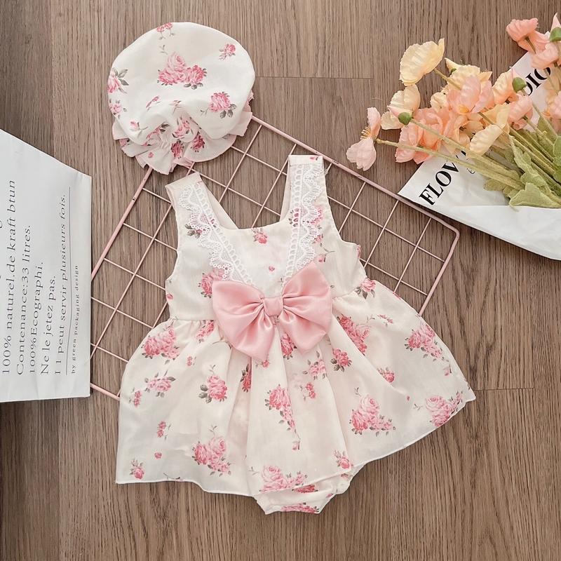 Bodysuit Cho Bé Dáng Váy Hoa Nhí Hồng Nền Kem Chất Thô Lụa Mềm Kèm Mũ Xinh Xắn, Body Cho Bé 3-11kg