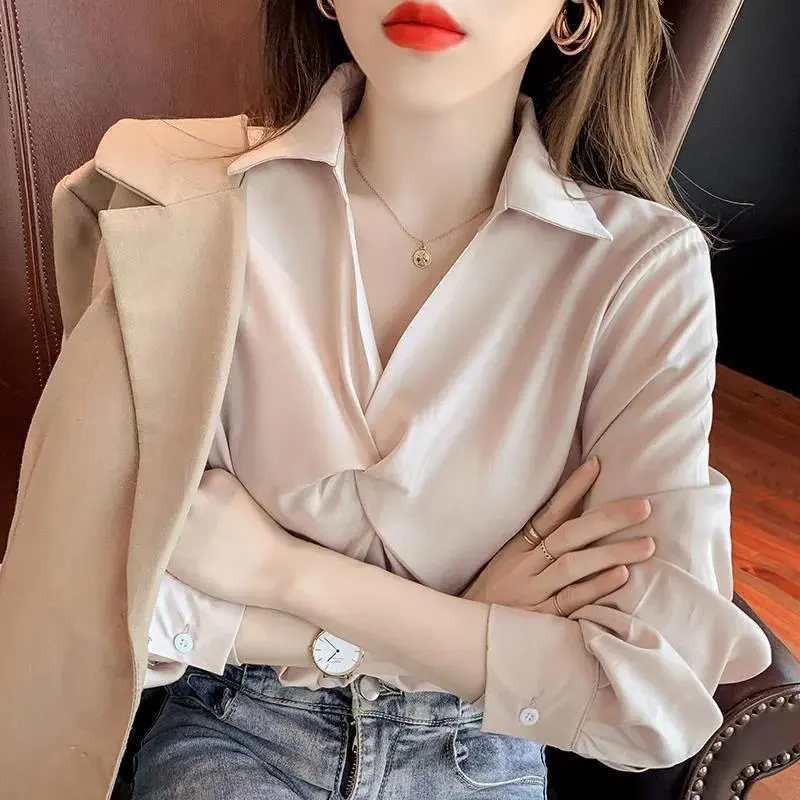 Áo Sơ Mi Lụa Giả Cho Nữ, Áo Dài Tay, Thiết Kế Mới, Thời Trang Đặc Biệt, Đa Năng, Duyên Dáng, Lớp Cơ Sở, Mùa Xuân 6