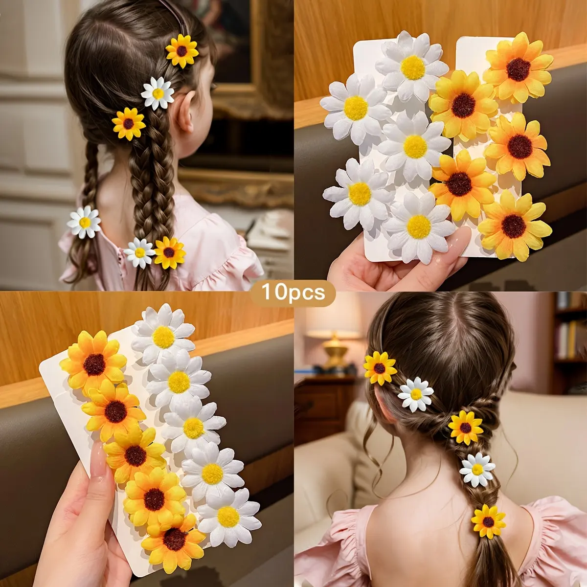 10pcs Honey Girl Knit Fabric Hair Clips with Solid Color Daisy & Sunflower Design, Mixed Color Polyester Floral Hair Accessories