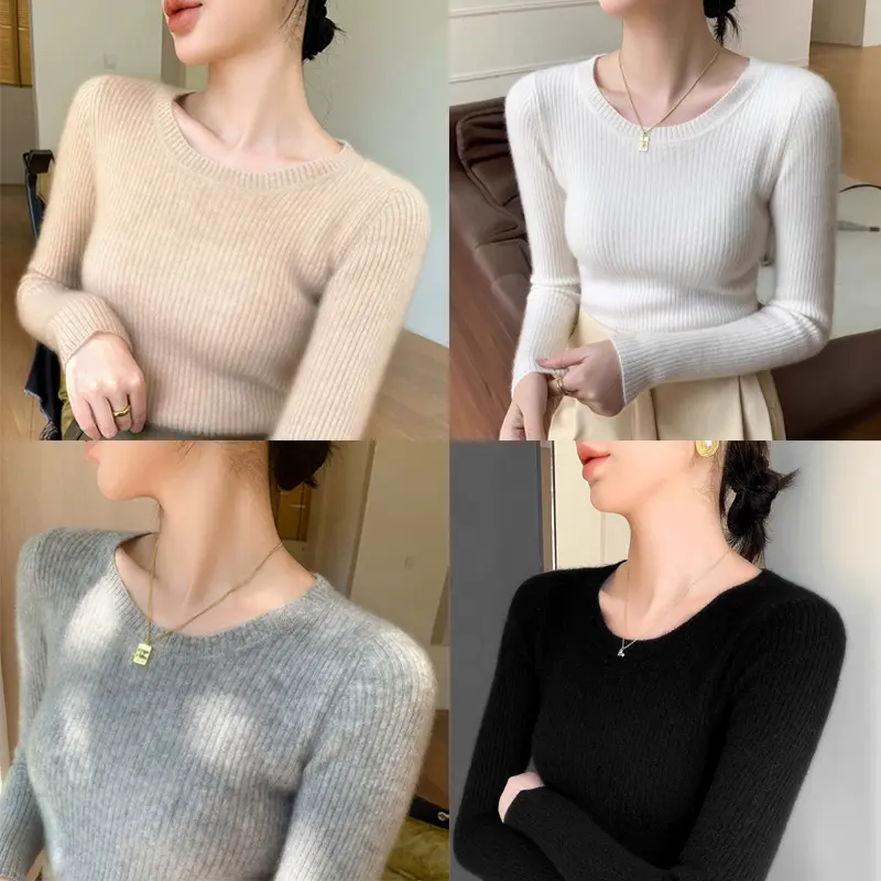 Áo Len Dài Tay Giữ Nhiệt, Dành Cho Nữ, Màu Trơn Cổ Tròn, Dáng Ôm, Áo Sơ Mi Dệt Kim Co Giãn Voi Women