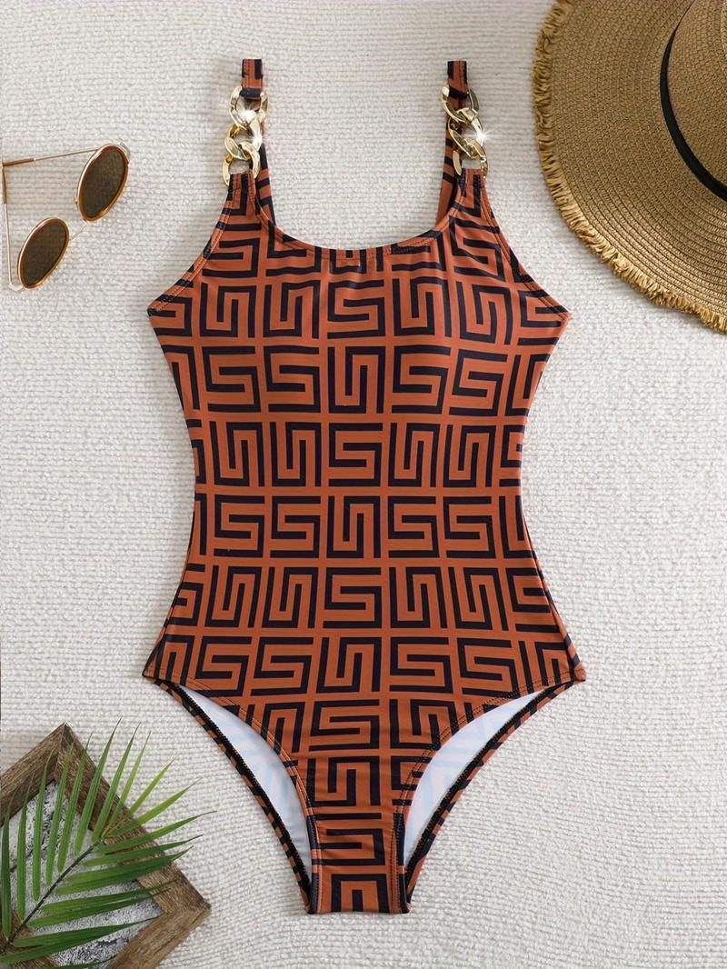Product Introduction of Women's Geometric Print Ring Linked One-Piece Swimsuit, Boho Sleeveless Adjustable Straps Swimwear, Women's Summer Swimsuit 12