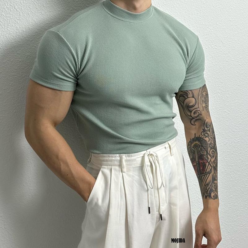 Summer plus size men's clothing 300 jin 2025 new solid color half-high neck short-sleeved-shirt for men 2