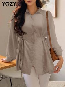 YOZY Women's Plain Button Front Drop Shoulder Shirt, Casual Long Sleeve Collared Top for Fall & Winter, Women's Clothes for Daily Wear