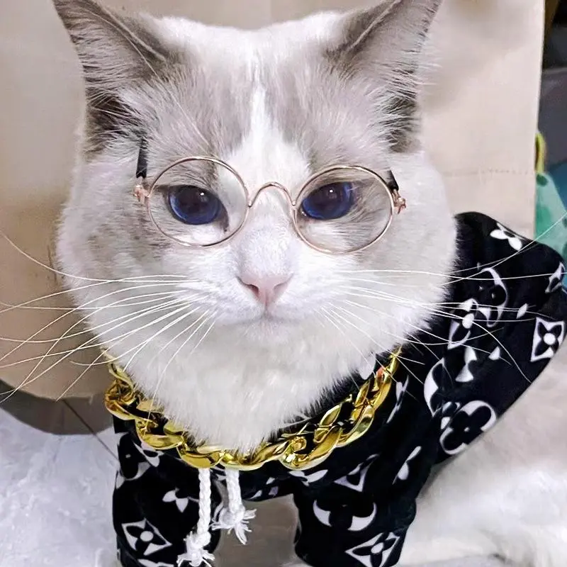 Fashion Eye Glasses for Cats, Retro Circular Cool Sunglasses, Pet Costume Supplies, Round Frame Glasses Photo Props for Small Medium Pets Kids Boys Girls 2