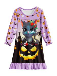 Toddler Girl's Cartoon Print Ruffle Hem Tee Nightdress, Casual Halloween Themed Long Sleeve Round Neck Nightdress, Kids Sleepwear for Spring & Fall