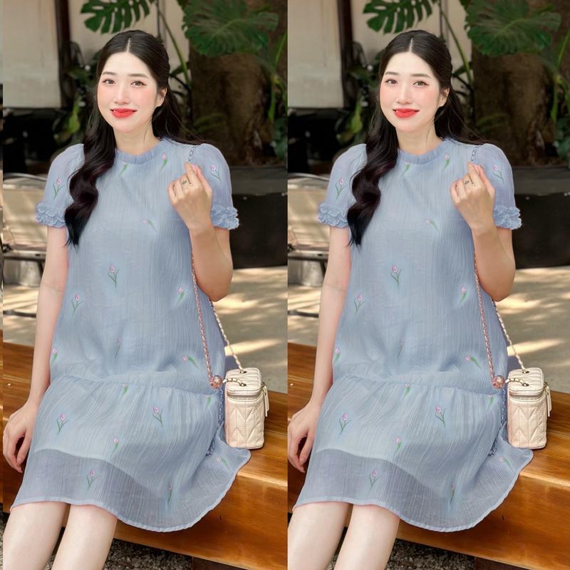 Đầm bầu Rimi voan tơ thêu hoa tulip tay bèo dáng đuôi cá tay bèo