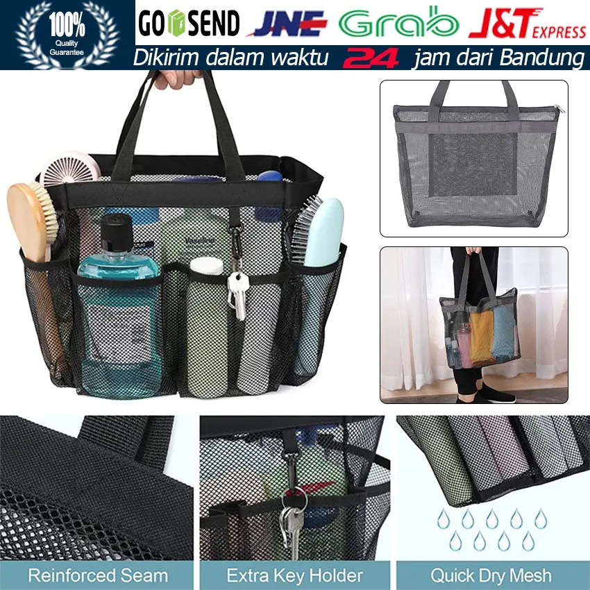 Tas Perlengkapan Mandi Berpergian Praktis Serbaguna Pria Dan Wanita Berkualitas Tinggi Bahan Jaring Nylon Kualitas Kuat Portabel Gantung Pegangan Ganda 7 Kantong Penyimpanan