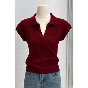 Solid Color Knitted Short Sleeve T-Shirt for Women, Autumn Fashionable Polo Collar Versatile Top, Unique Trendy Shirt