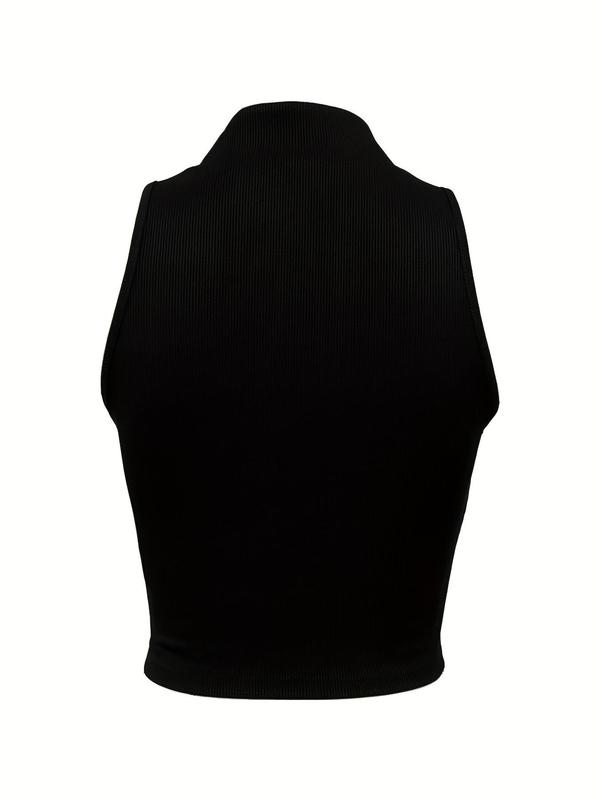 Women's Solid Color Half Placket Zipper Mock Neck Ribbed Crop Tank Top, Casual Sleeveless Cropped Top for Summer, Summer Clothes, Going Out Top, Streetwear, Ladies Clothing for Daily Wear 4